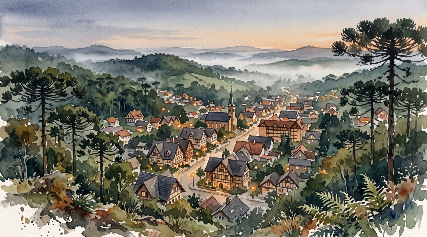 Ilustração em aquarela de Gramado vista do alto, entre a mata e as araucárias