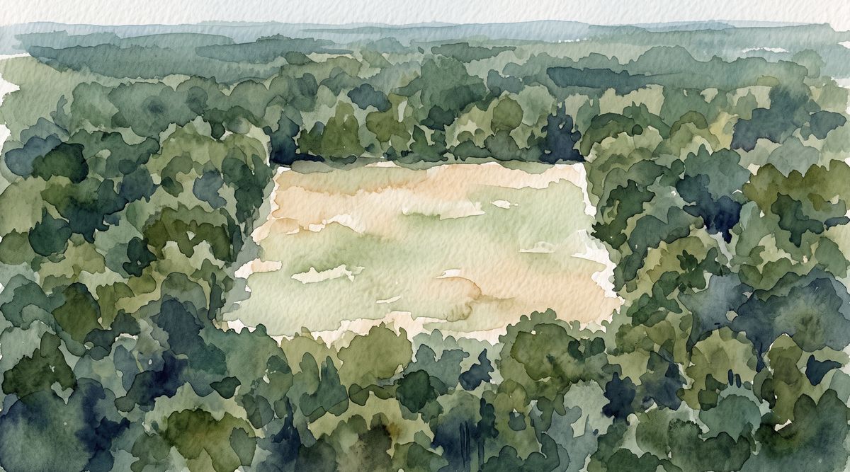 Ilustração em aquarela de uma clareira cercada por mata densa